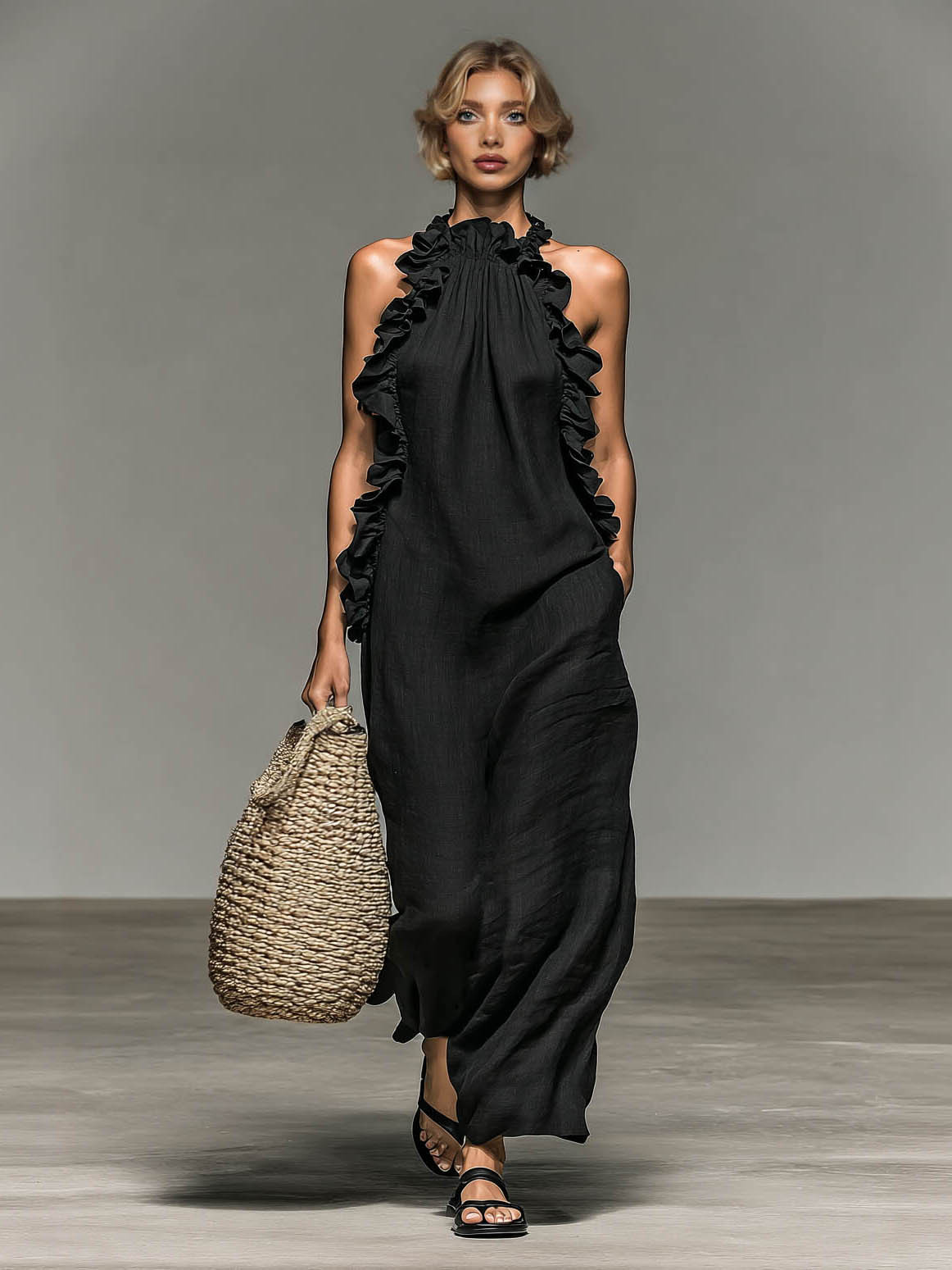 Elegant Ruffle Halter Neck Maxi Dress