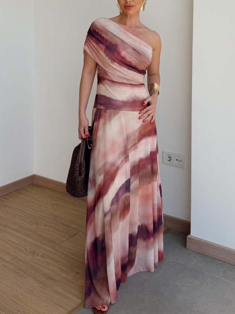 Elegant One-Shoulder Mesh Ombre Tie-Dye Print Maxi Dress