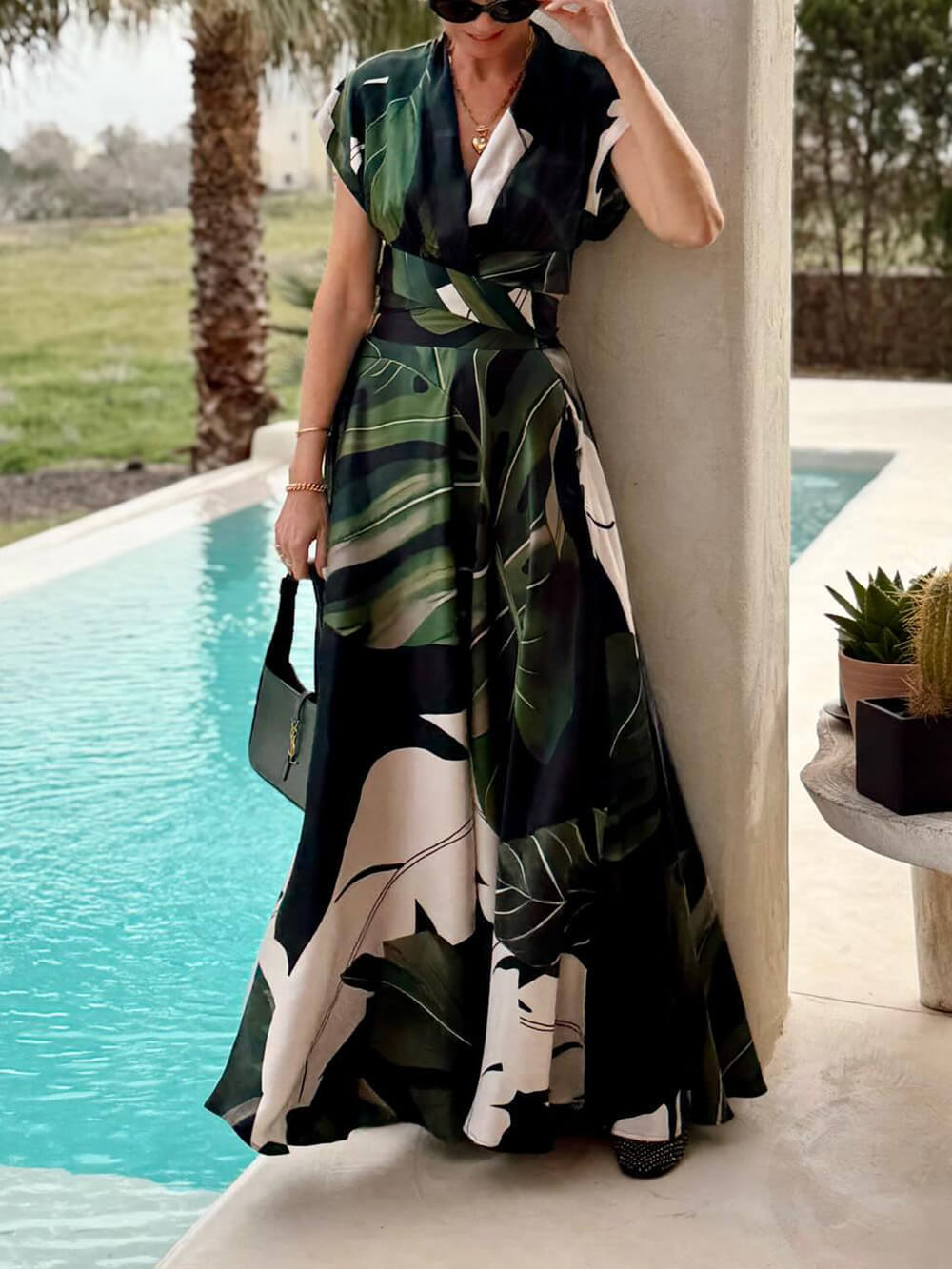 Bohemian Palm Leaf Print Maxi Dress