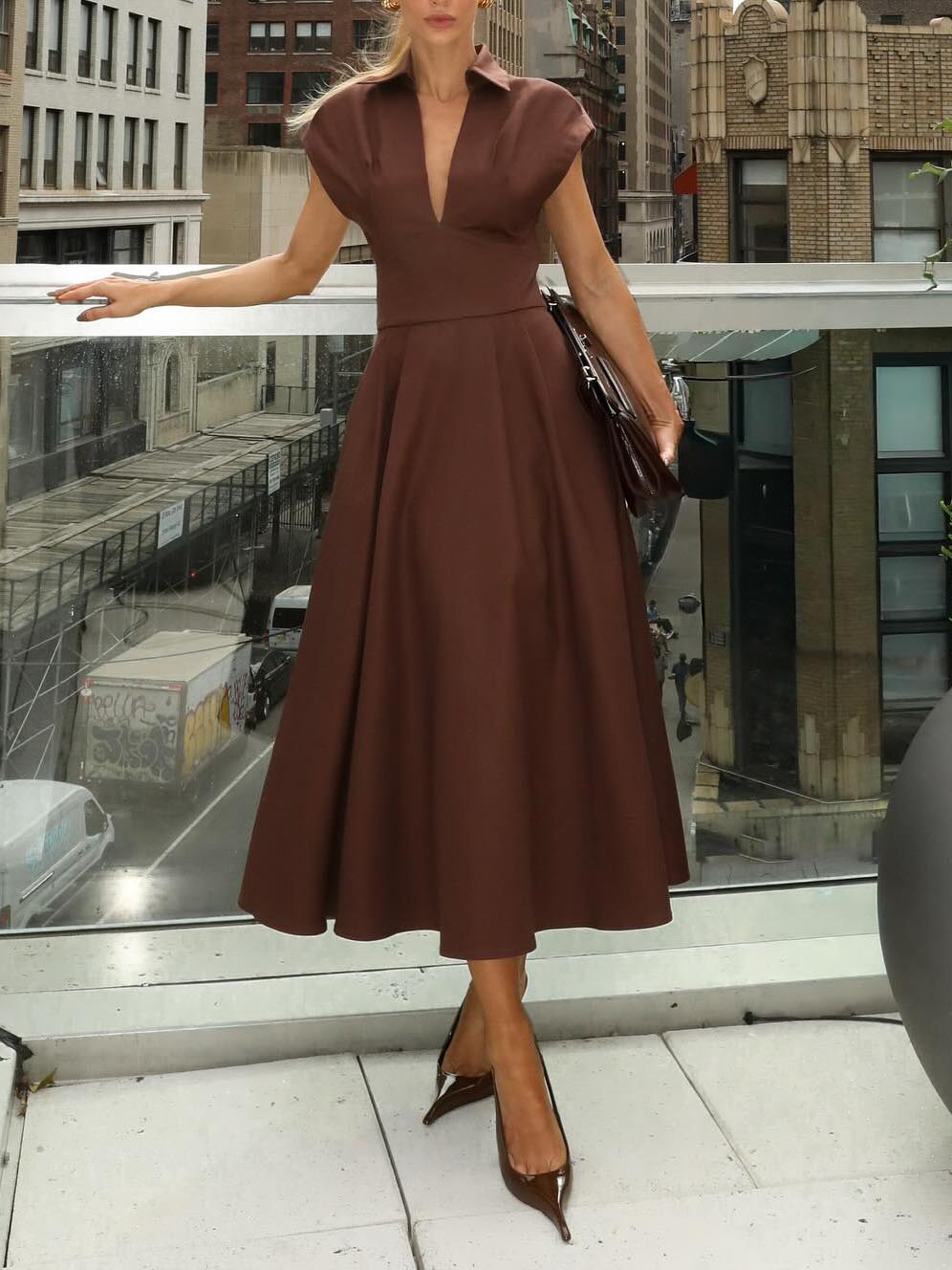 Elegant V-neck Waisted Flowing Midi Dress