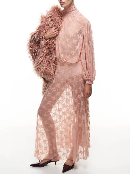 Elegant Mesh Pleated Lace High-Neck Blouse