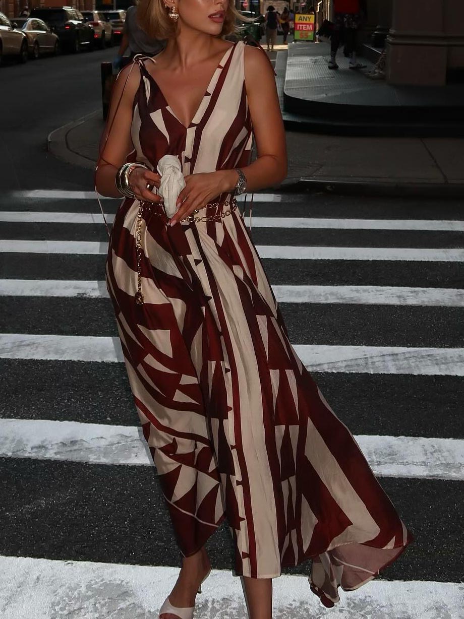 Unique Abstract Geometric Print Deep V-neck Fluffy Maxi Dress