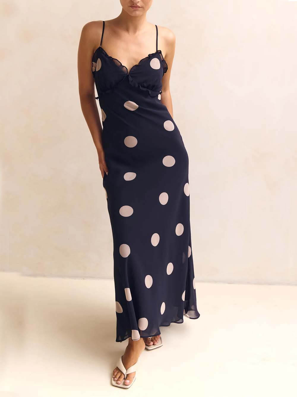 Delicate Lace-Trim Polka Dot Open-Back Maxi Dress