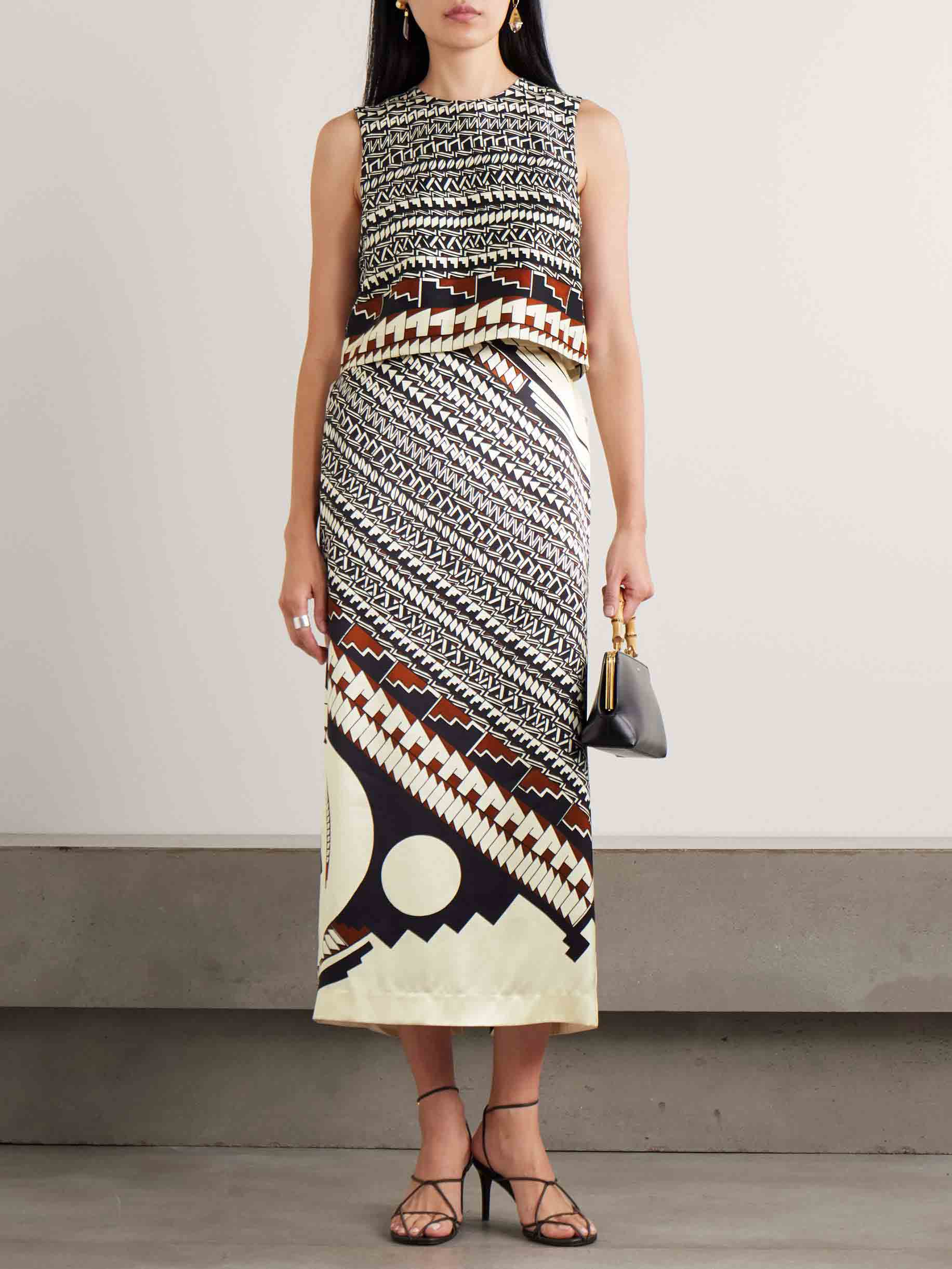Geometric Print Satin Crop Top & Midi Skirt Two Piece Set