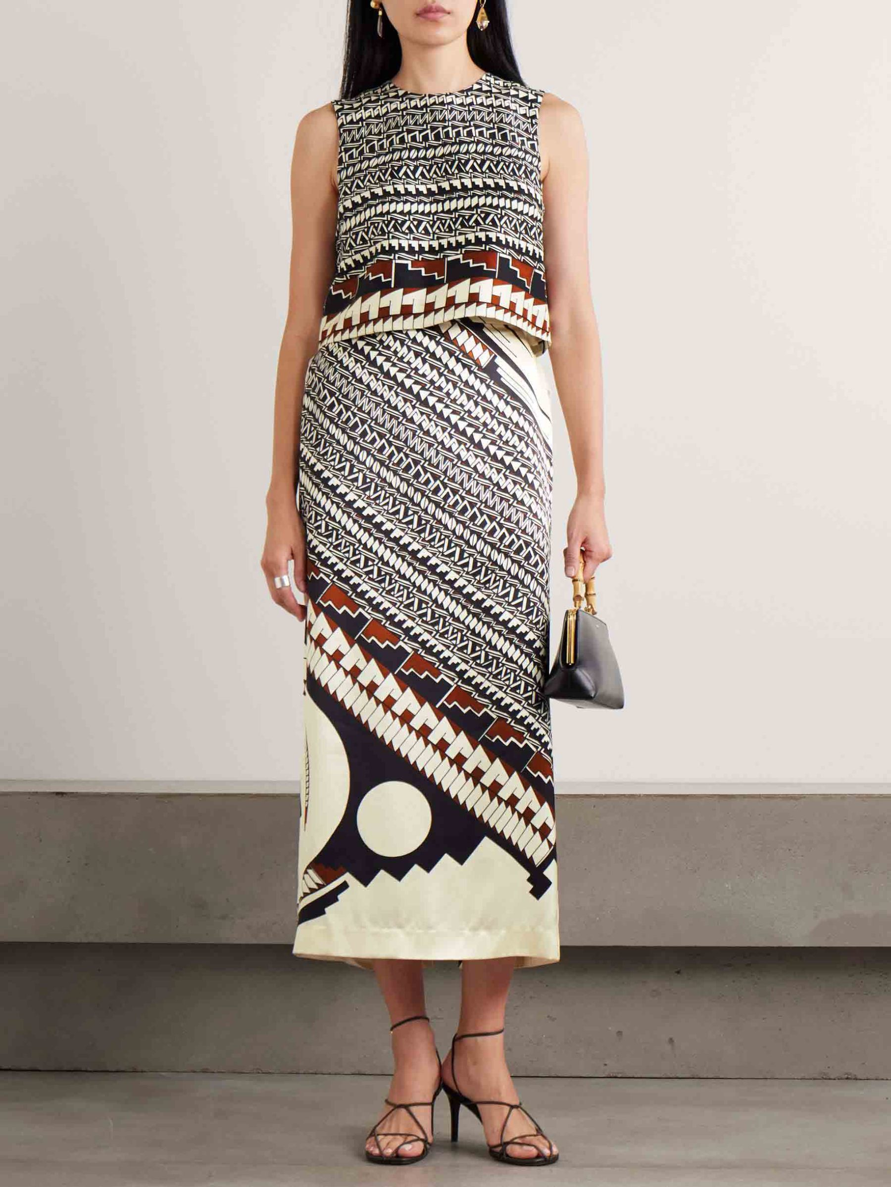 Geometric Print Satin Crop Top & Midi Skirt Two Piece Set