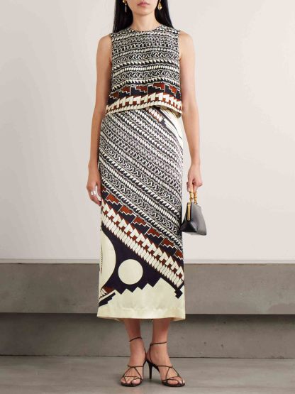 Geometric Print Satin Crop Top & Midi Skirt Two Piece Set