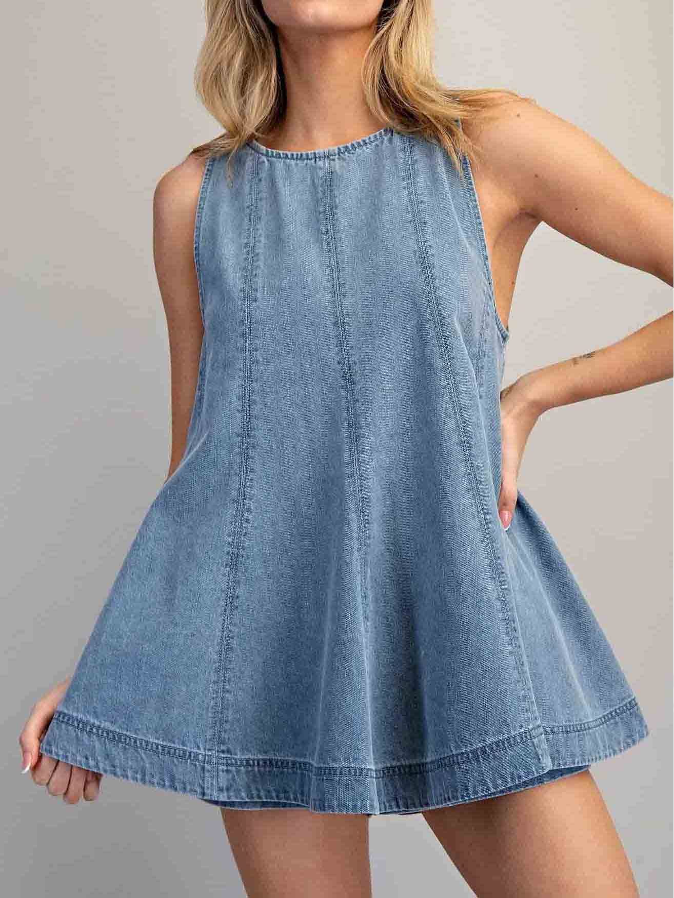 Sleeveless Denim Peplum Top And Shorts Two-Piece Set