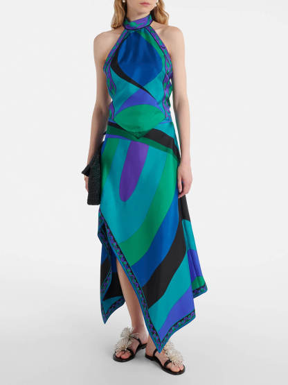 Retro Ssymmetric Satin Print Midi Skirt
