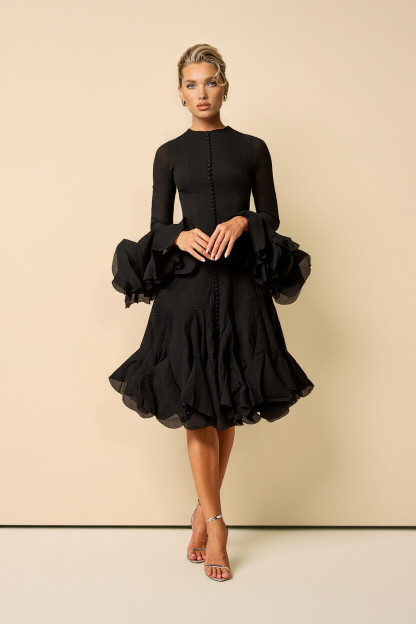 Elegant Black Ruffle-Trimmed Bell Sleeve Midi Dress
