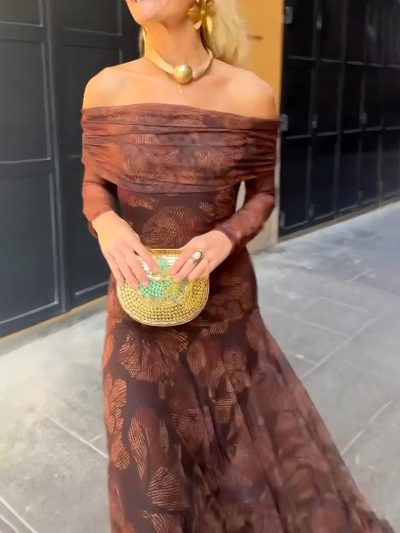 Retro Mesh Print Off-shoulder Maxi Dress