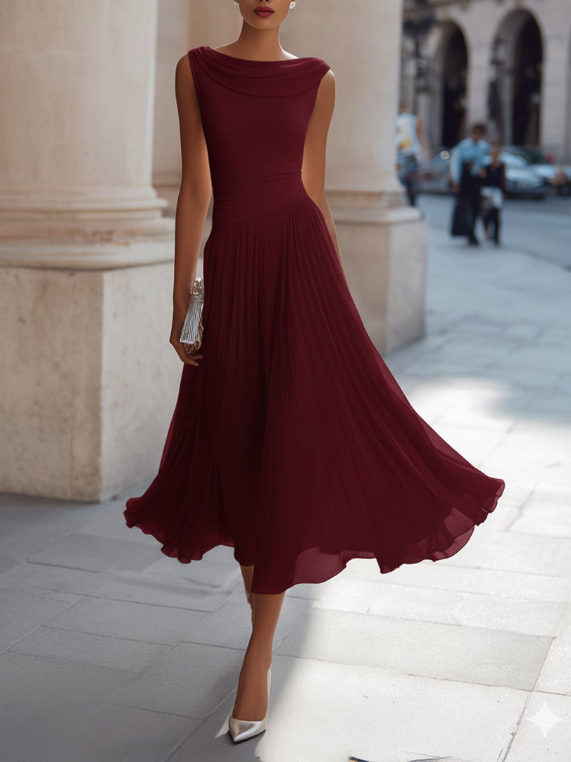 Elegant Pleated Skirt Waist Ruched Midi Dress