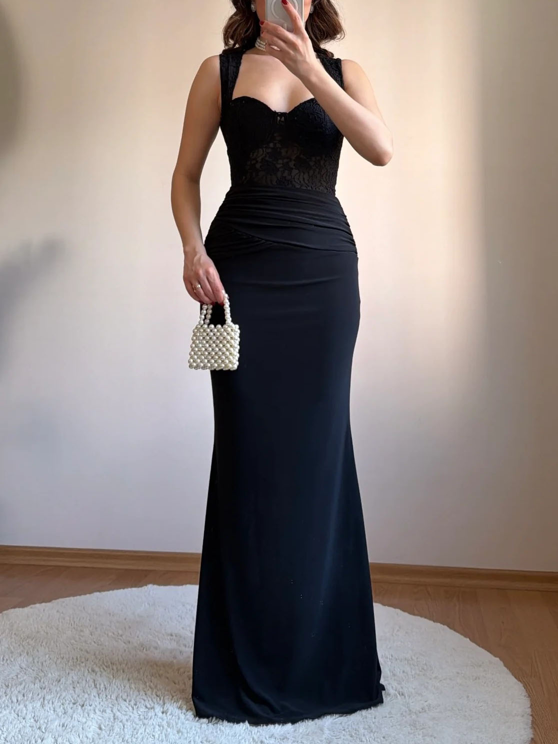 Elegant Lace Bodice Ruched Mermaid Maxi Dress-Likemychoice