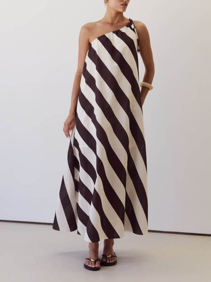 Elegant Striped Print One-Shoulder Tie-Waist Side Pockets Maxi Dress