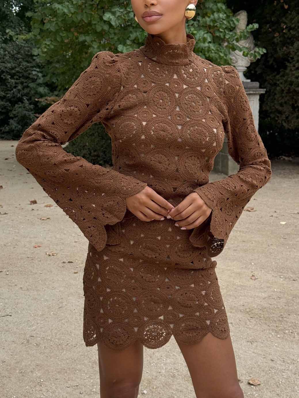 Elegant High Neck Lace Flare Sleeve Mini Dress