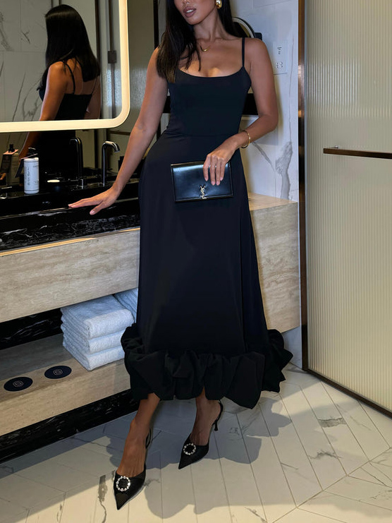 Elegant Sweetheart Ruffle Hem Satin Mermaid Maxi Dress