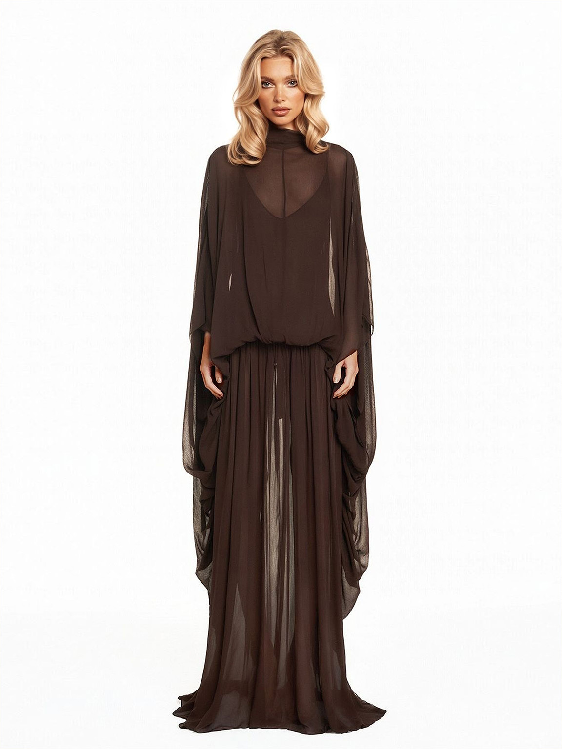 Exquisite Draped Sleeve Flowing Chiffon Maxi Dress