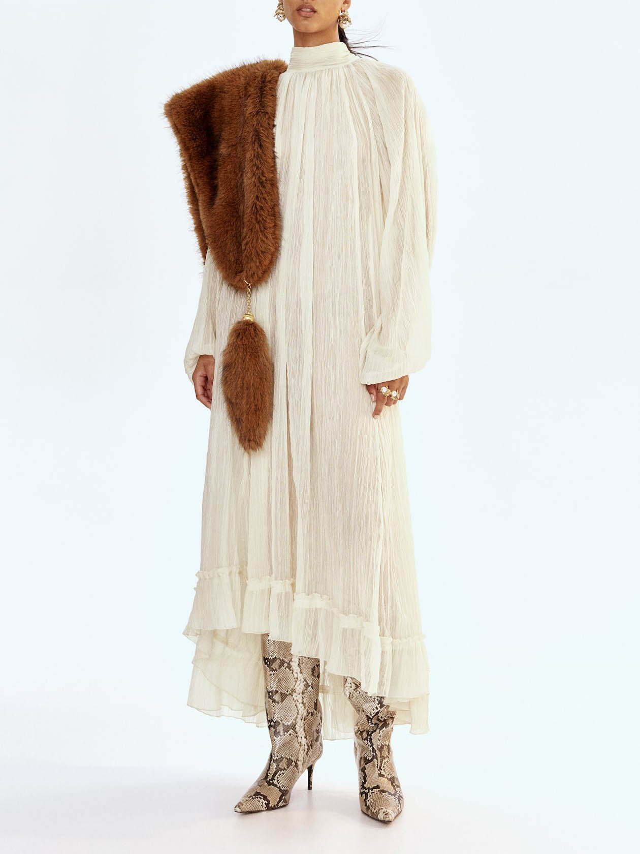 Elegant High-Neck Pleated Long-Sleeve Maxi Dress