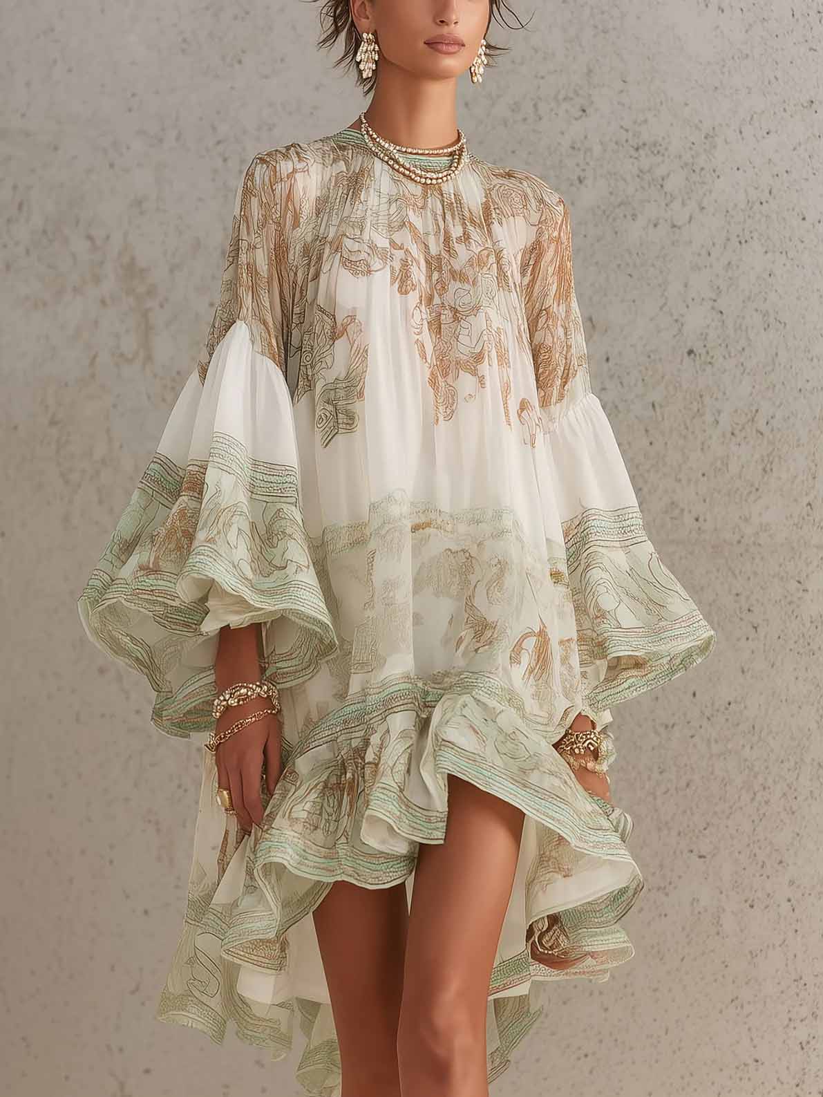 Elegant Vintage Print Ruffle Flare Sleeve Mini Dress