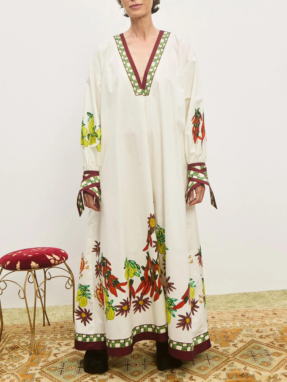 Unique Floral Print V-Neck Cuff Buttons Loose Maxi Dress