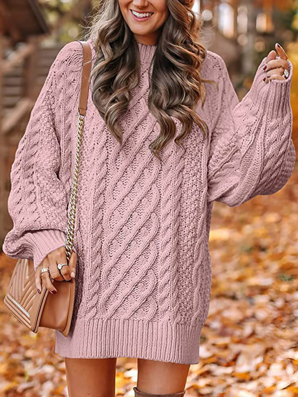 Fashion Chunky Cable Knit Round Neck Oversized Sweater Mini Dress
