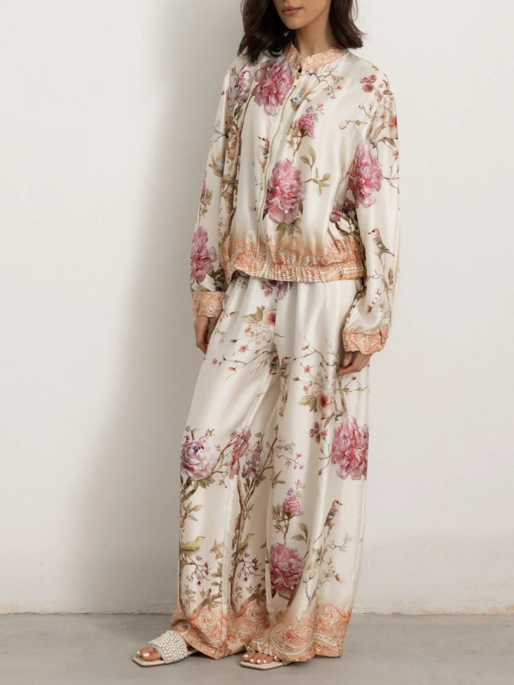 Elegant Floral And Bird Print Zip-up Lantern Sleeve Shirt