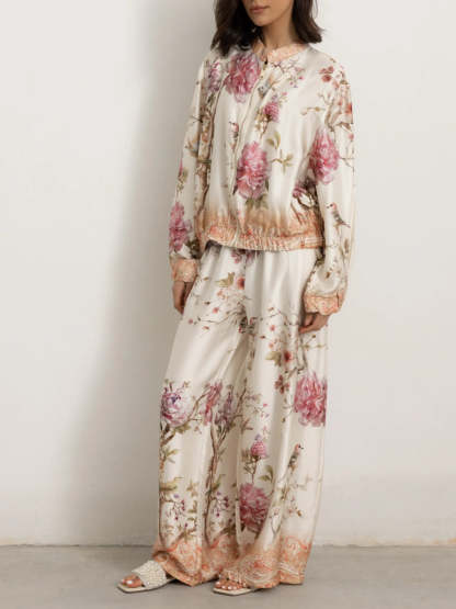 Elegant Floral Bird Print Wide Leg Pants