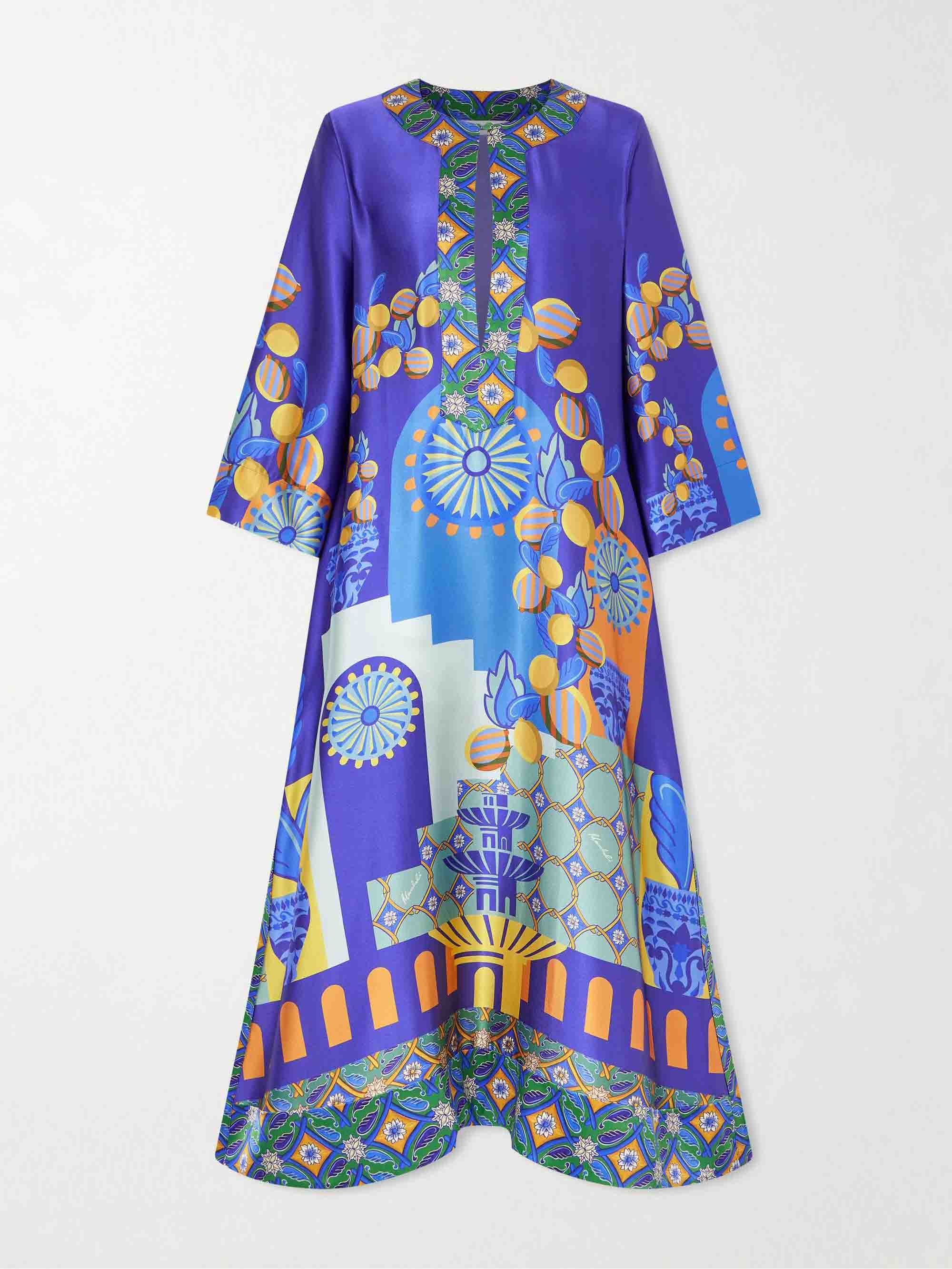 Unique Painted Print Satin Kaftan Maxi Dress
