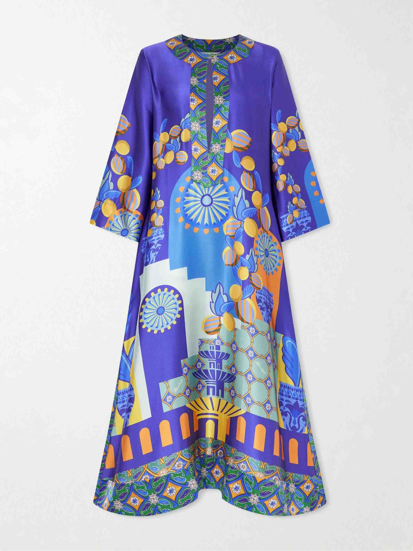 Unique Painted Print Satin Kaftan Maxi Dress