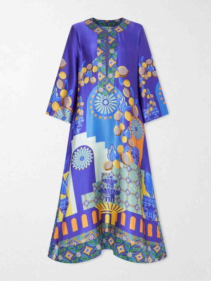 Unique Painted Print Satin Kaftan Maxi Dress