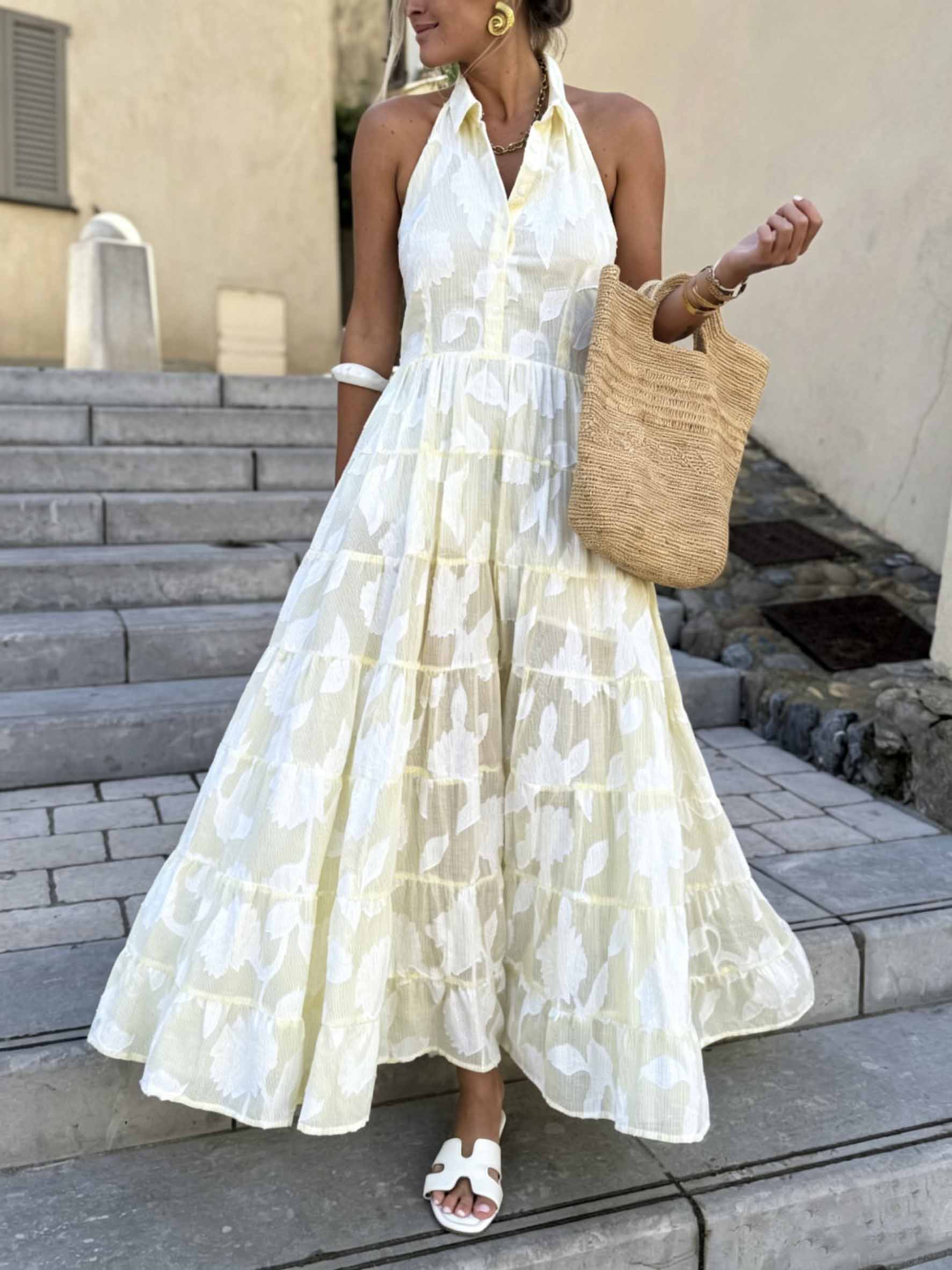 Exquisite Striped Floral Jacquard Backless Layered Maxi Dress