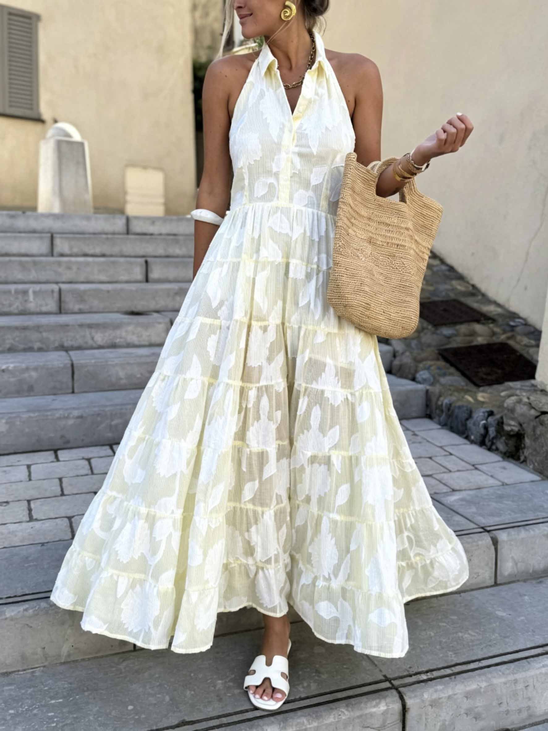 Exquisite Striped Floral Jacquard Backless Layered Maxi Dress