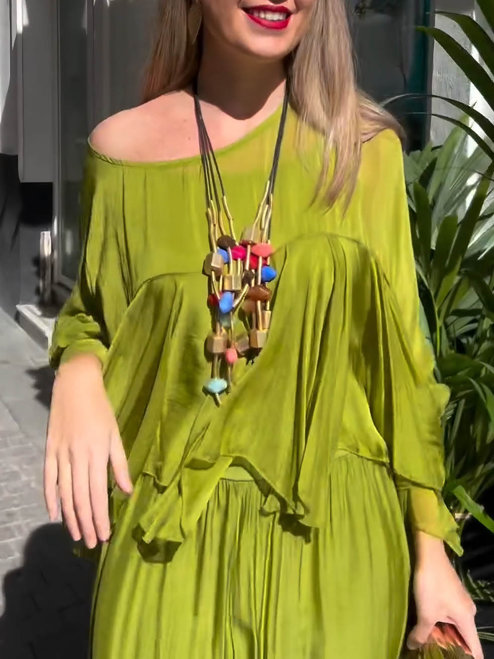 Elegant Asymmetrical Top & Ruffle Wide-Leg Pants Two-Piece Set