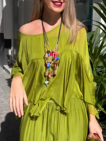 Elegant Asymmetrical Top & Ruffle Wide-Leg Pants Two-Piece Set