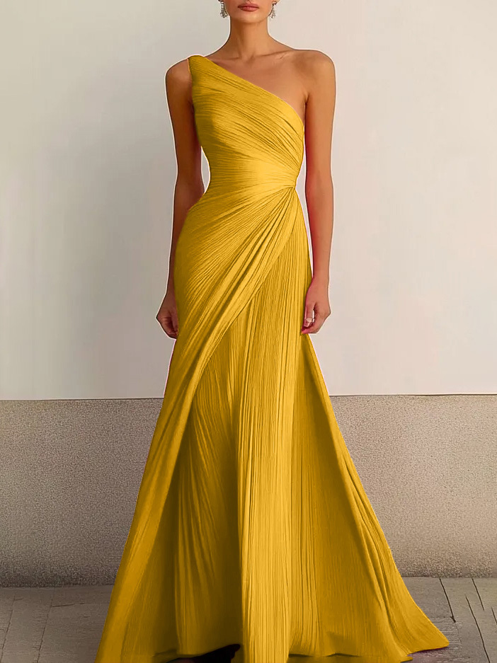 Elegant One-Shoulder Pleated Maxi Dress
