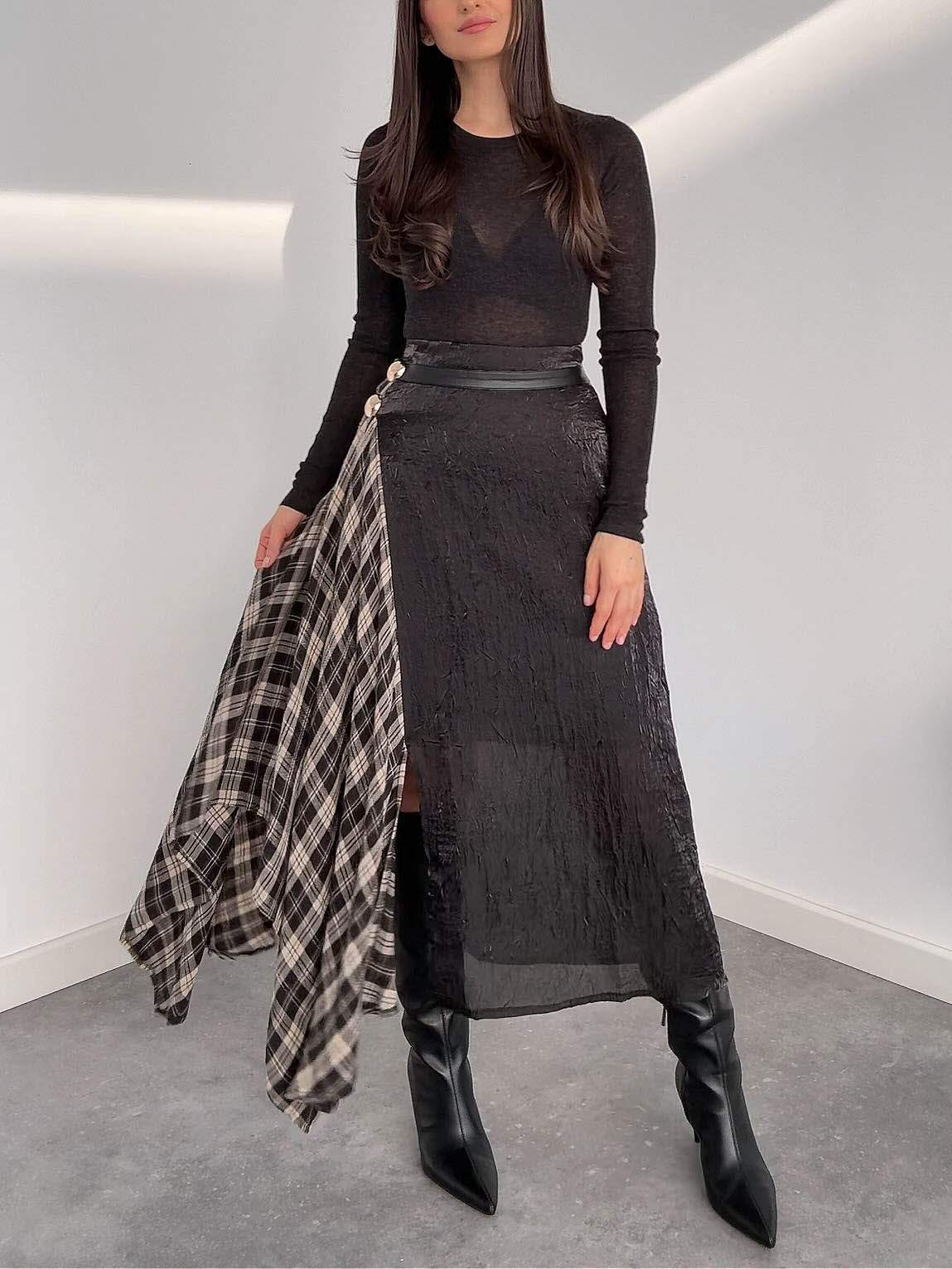 Casual T-shirt & Plaid Midi Skirt Two-piece Set