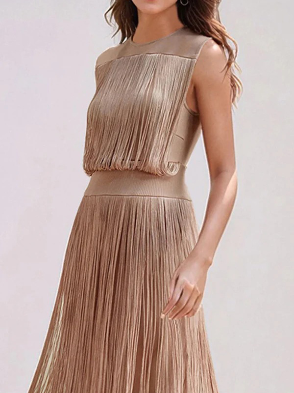 Elegant Sleeveless High Waist Slim Tassel Midi Dress