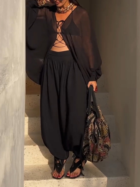 Elegant Sheer Lace-Up Loose Blouse