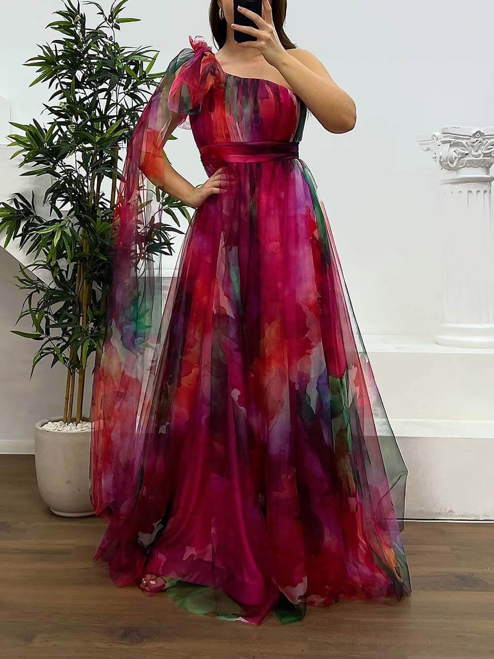 Elegant Printed One-Shoulder Chiffon Plus Size Tulle Evening Dress