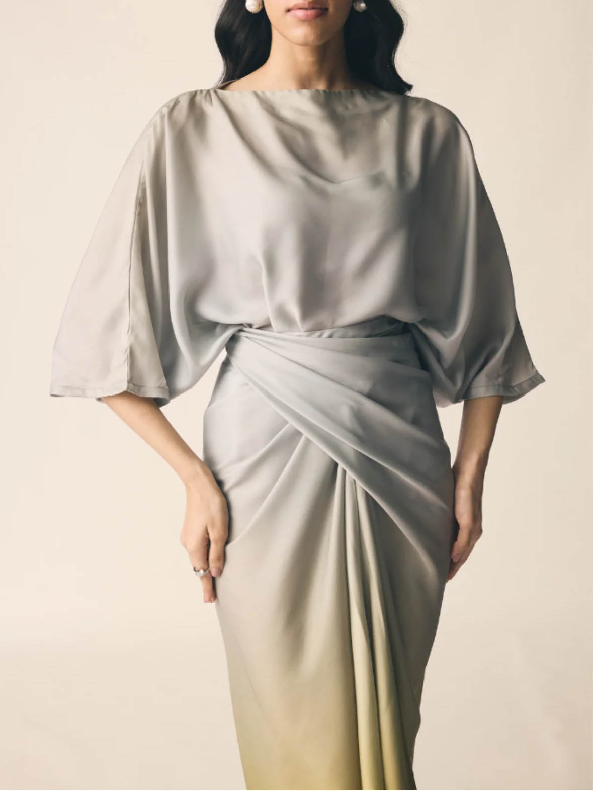 Elegant Gradient Draped Top And Pleated Long Skirt Two-piece Set