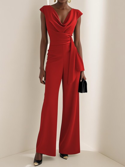 Elegant Draped V-Neck Wide-Leg Jumpsuit