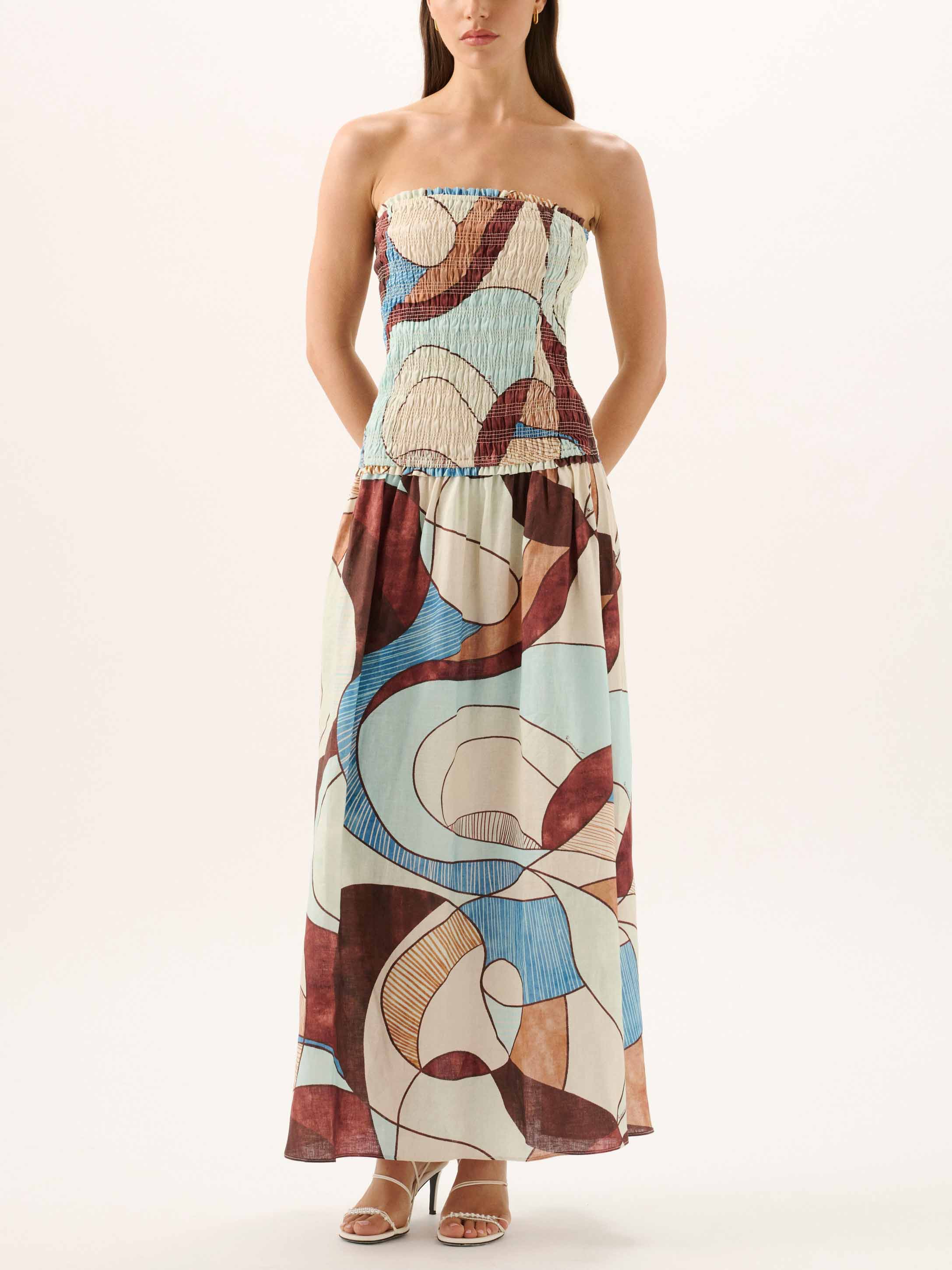 Exquisite Strapless Ruched Abstract Geometric Print Tiered Maxi Dress