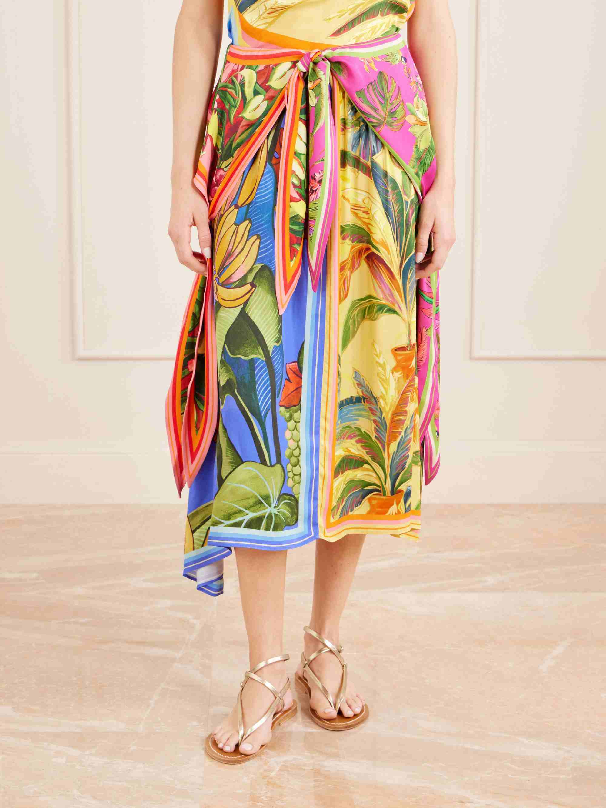 Tropical Print Halter Top & Draped Midi Skirt Two-Piece Set