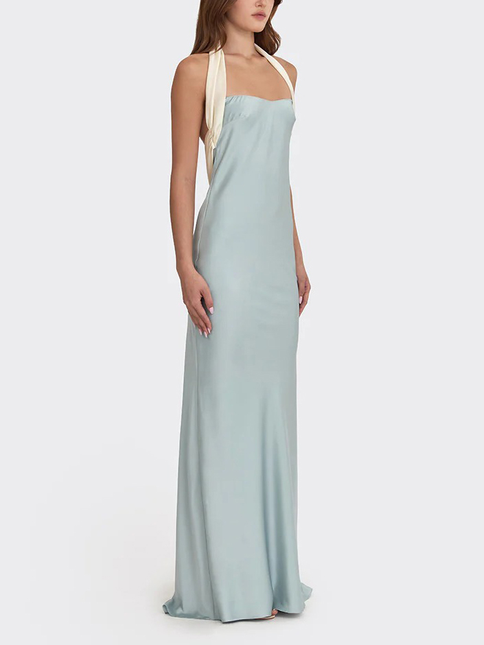 Elegant Satin Contrast Halter Neck Party Maxi Dress