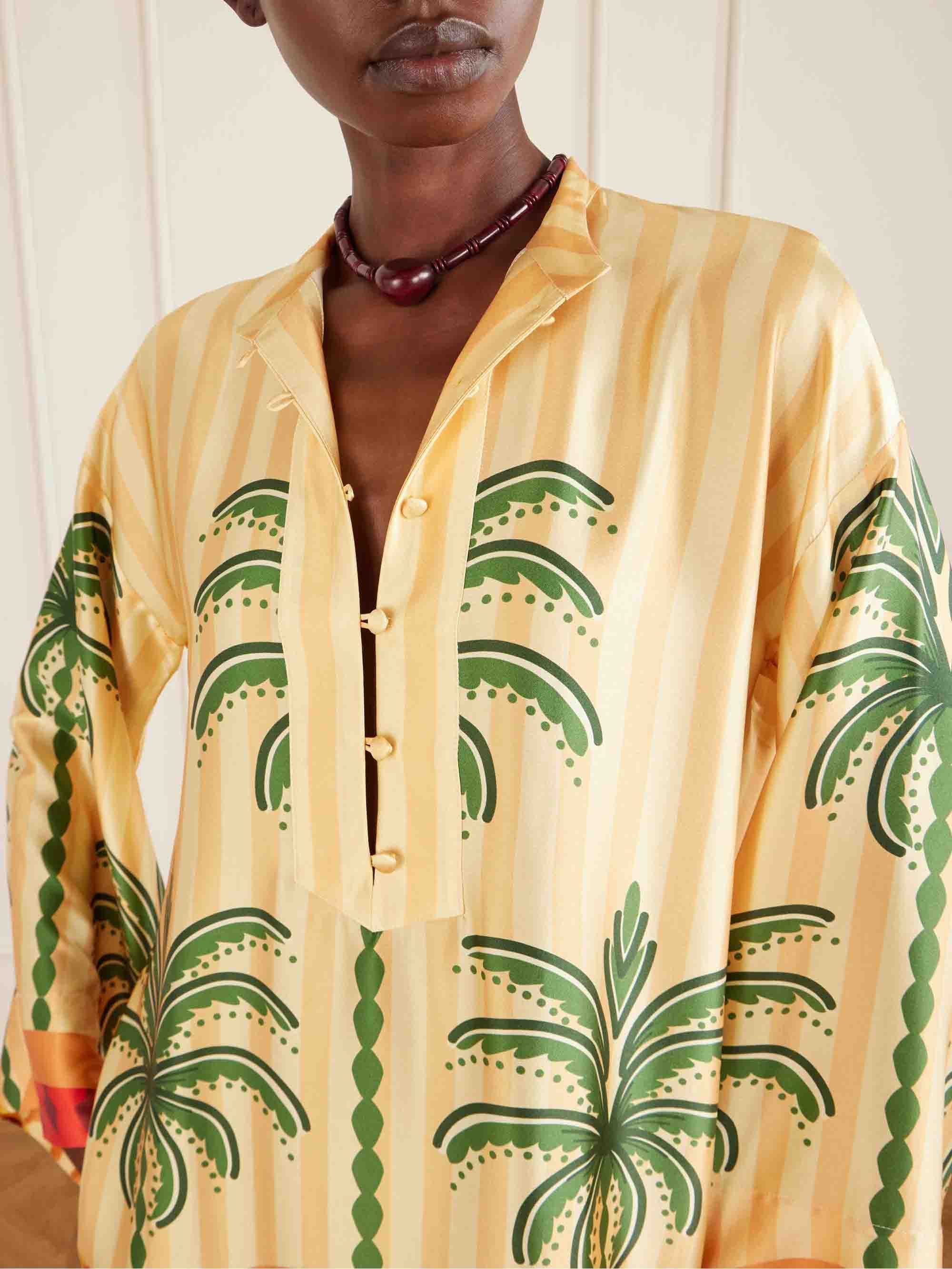 Unique Satin Palm Tree Print Loose Midi Dress