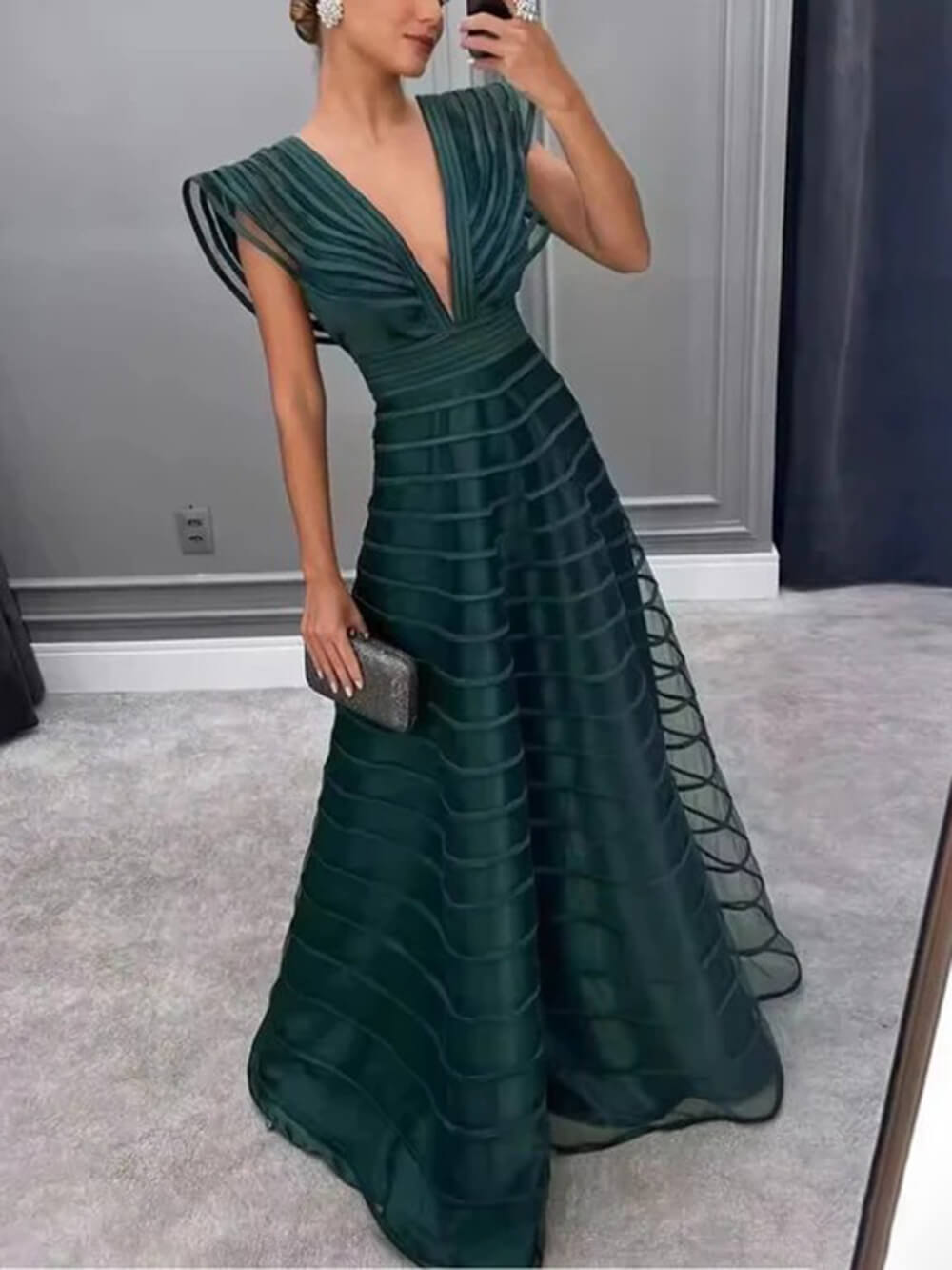 Exquisite Mesh-Panel Deep V-Neck Party Maxi Dress