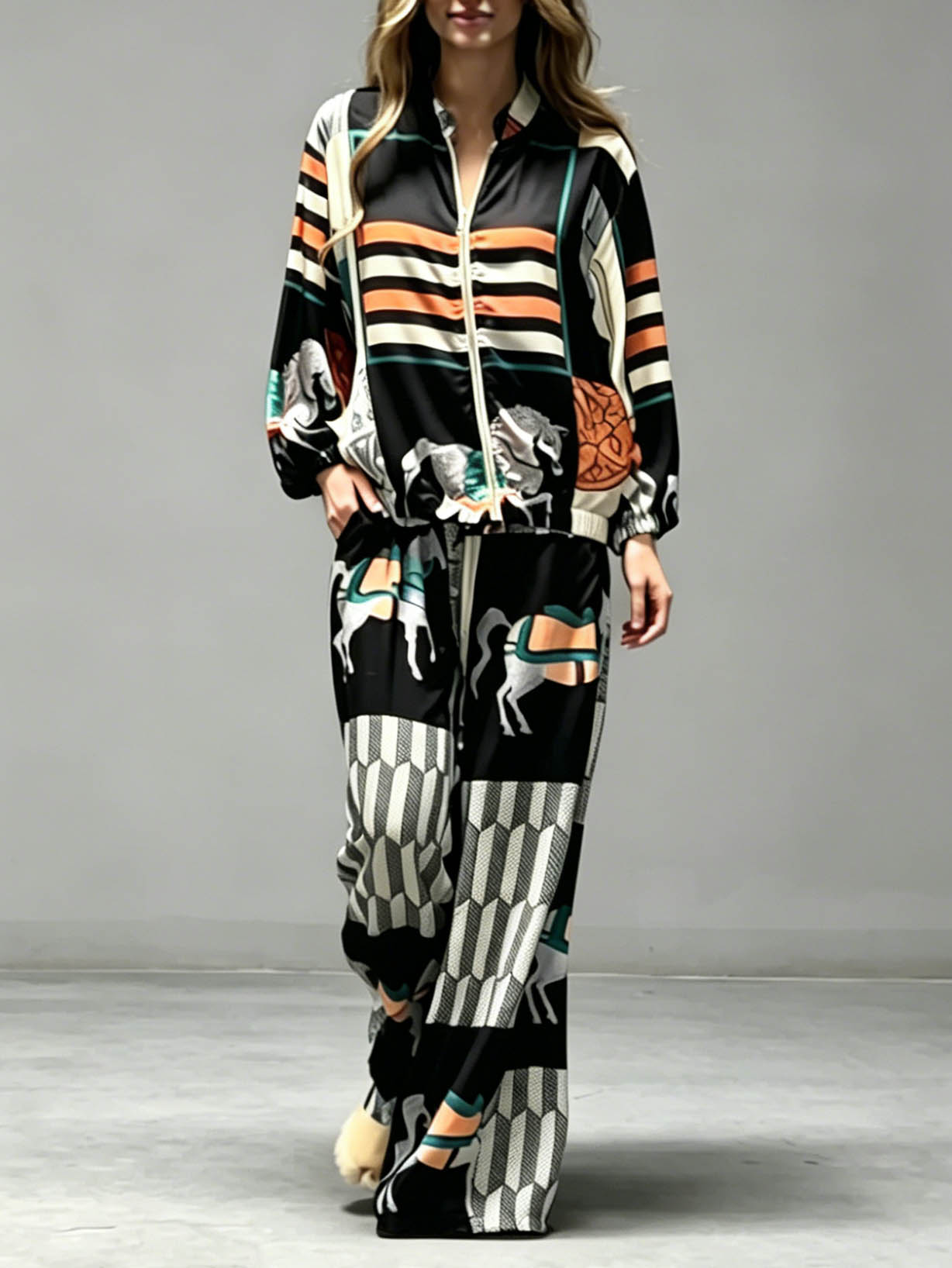 Casual Artistic Print Zip-Up Shirt