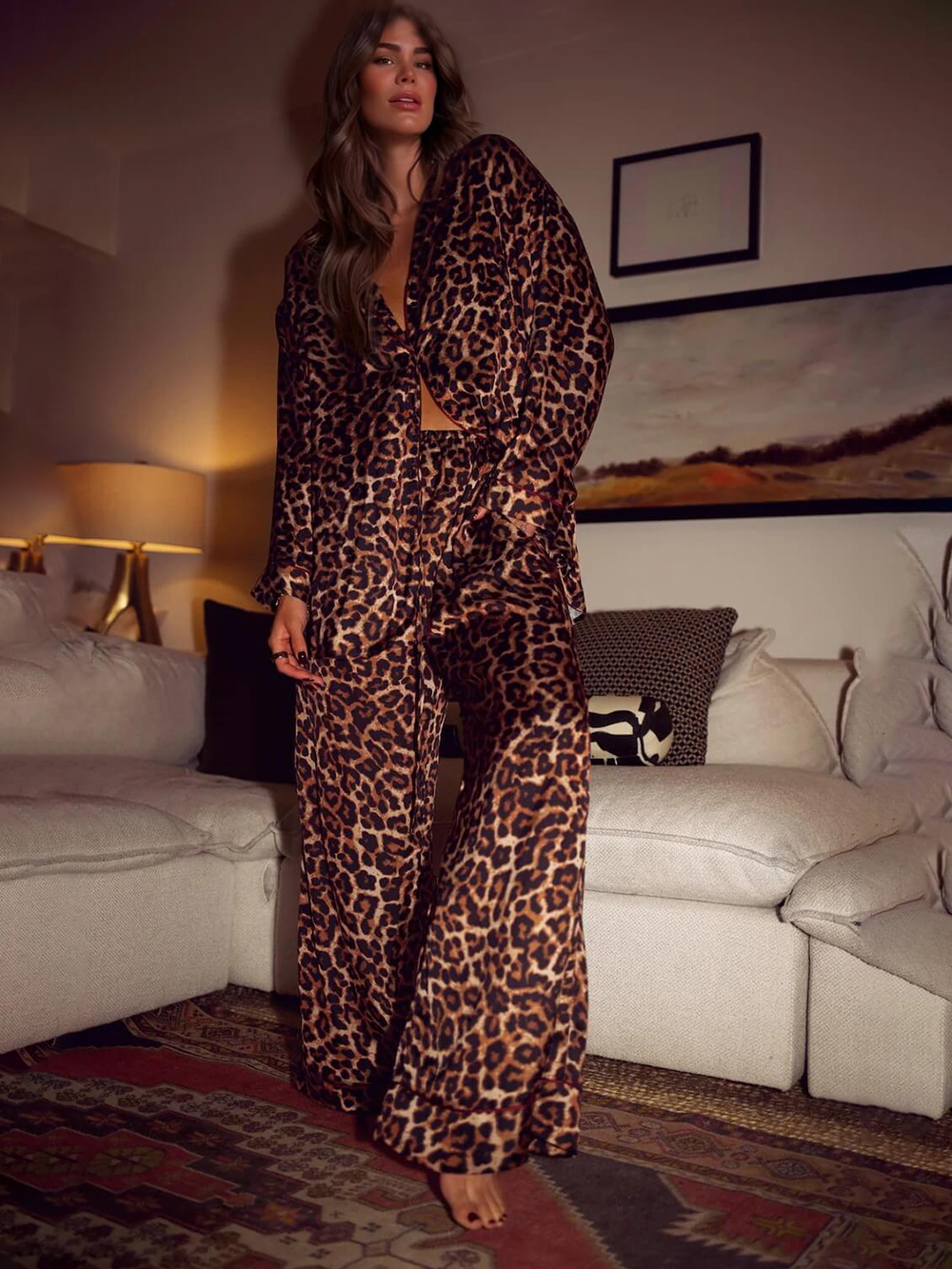 Leopard Print Loose Top Elastic Waist Wide-Leg Pants Pajama Set