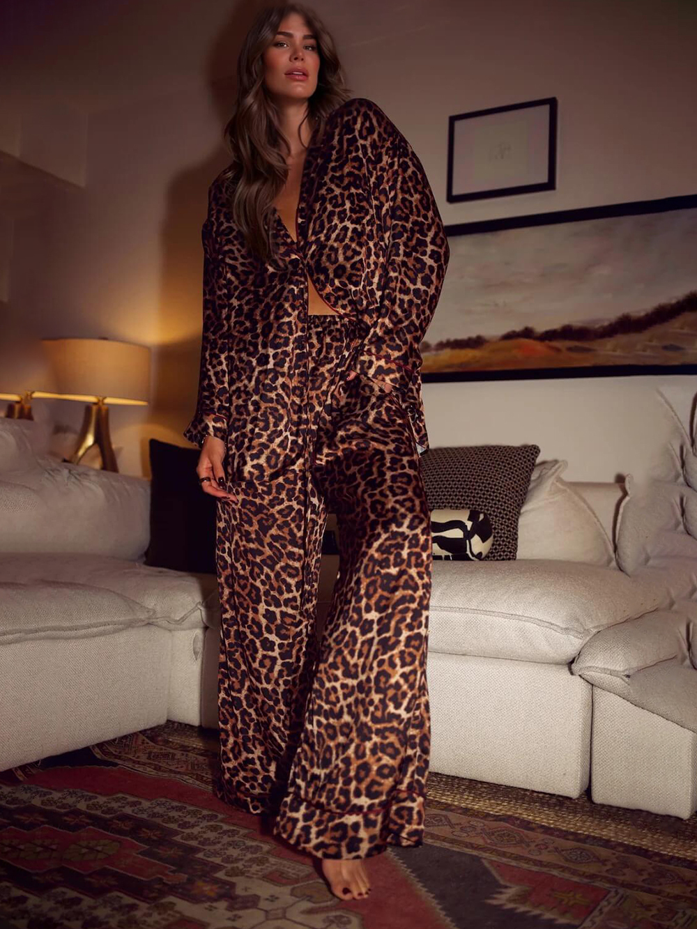 Leopard Print Loose Top Elastic Waist Wide-Leg Pants Pajama Set