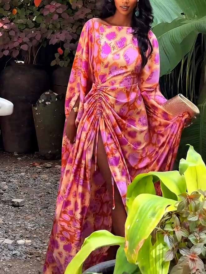 Vibrant Abstract Print Ruched High-Slit Maxi Dress
