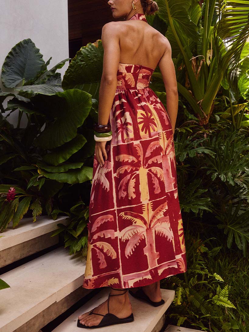 Retro Tropical Coconut Tree Print Maxi Dress